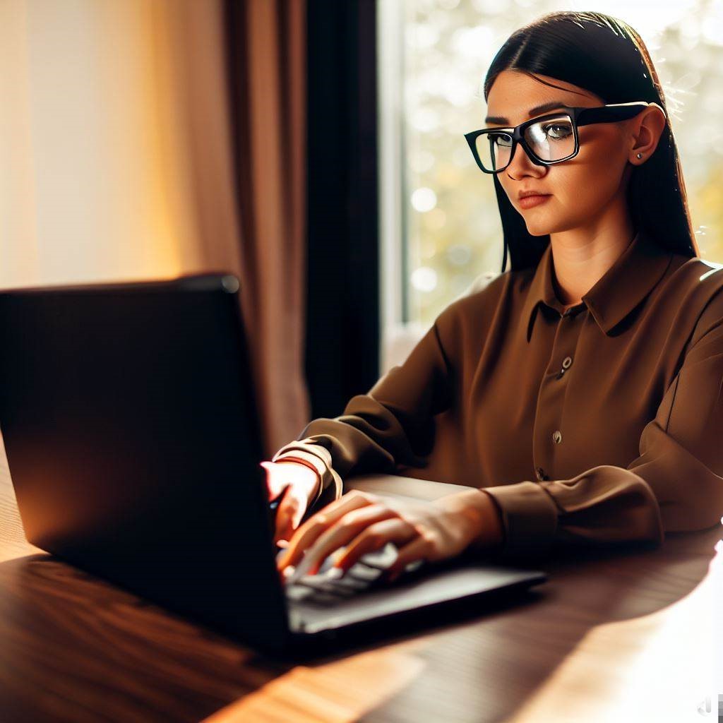 blind-girl-to-nootbook Незряча дівчина сидить за ноутбуком і набирає текст на клавіатурі