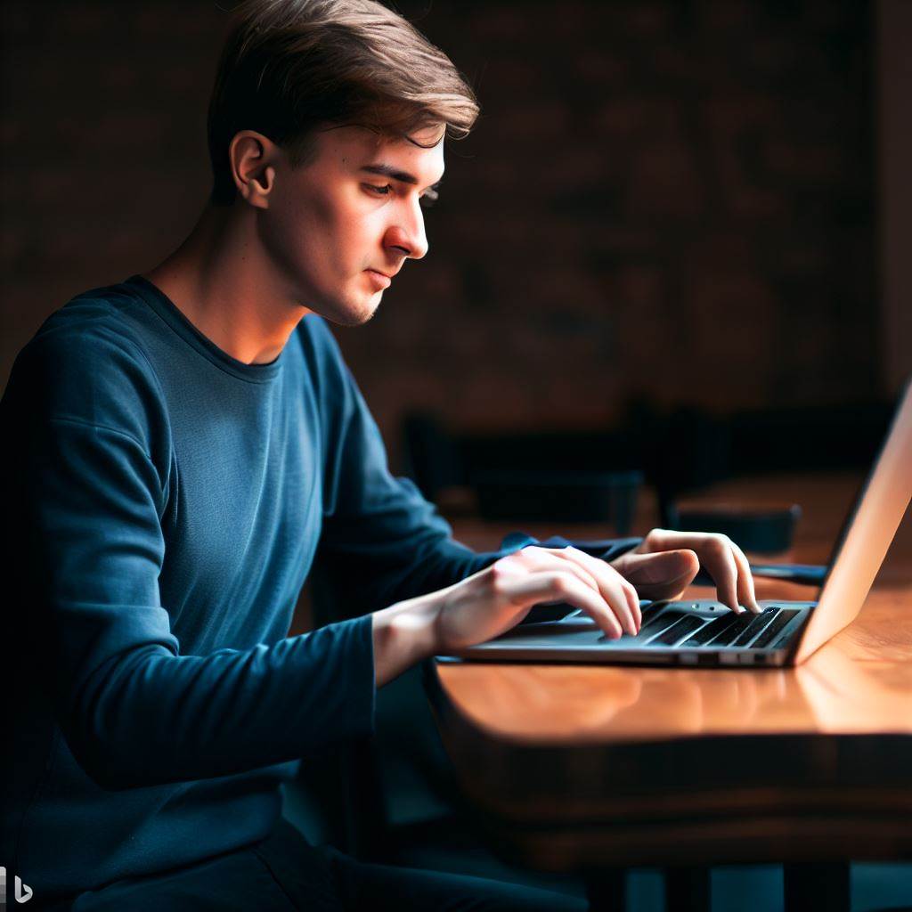 boy-to-nootbook Хлопець сидить за ноутбуком і набирає текст на клавіатурі